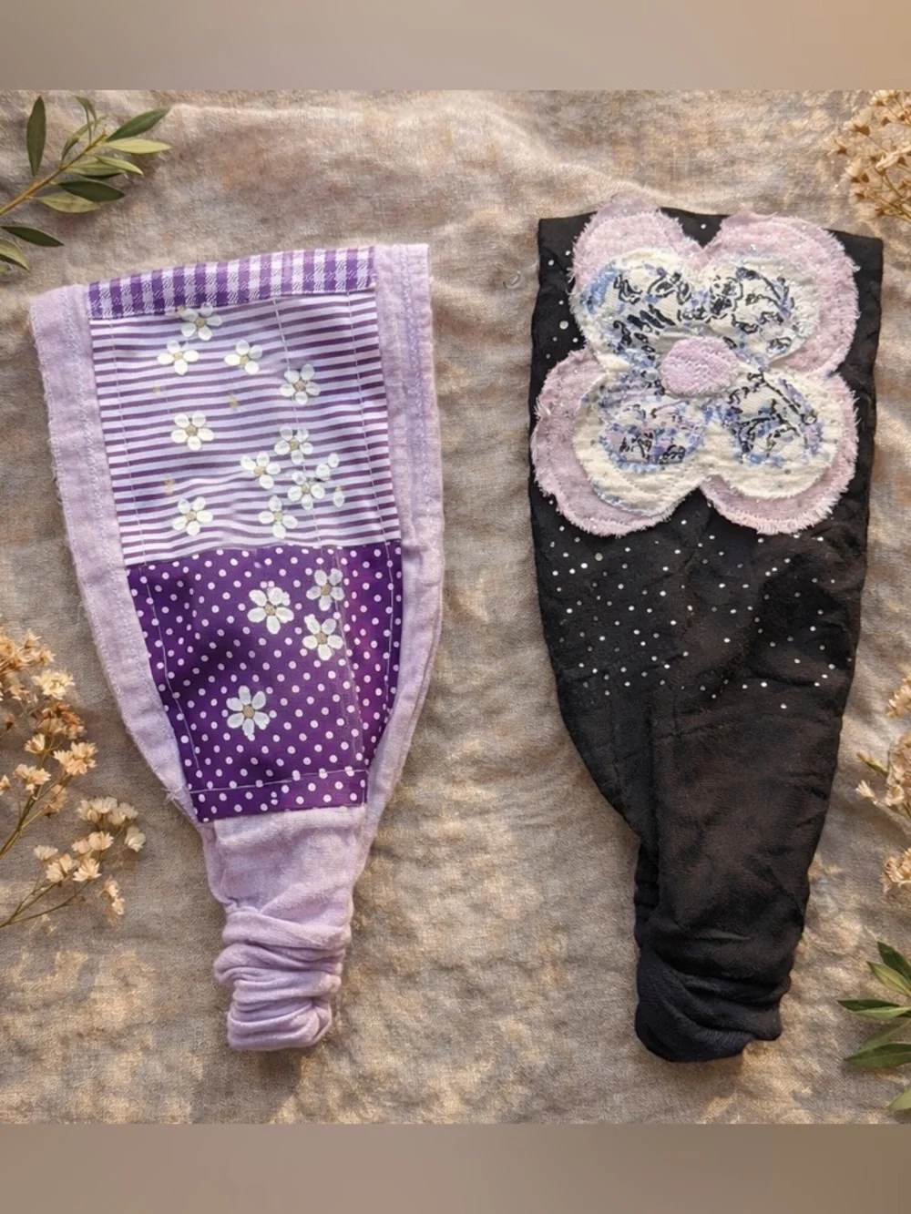 Boho Patchwork Wide Headbands Duo, Fits All Rhinestone Cotton Linen Hairbands